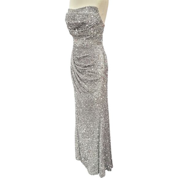 NWT Silver Strapless Sequin Evening Gown with Corset Back on Velvet Fabric - Picture 10 of 13